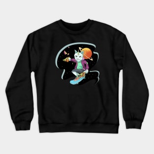 Space Unicorn Cat Pizza Lover - Skateboarding Crewneck Sweatshirt